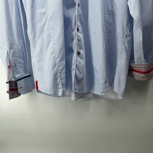 7 Downie St button down shirt houndstooth blue white flip cuff business career L - Picture 6 of 10